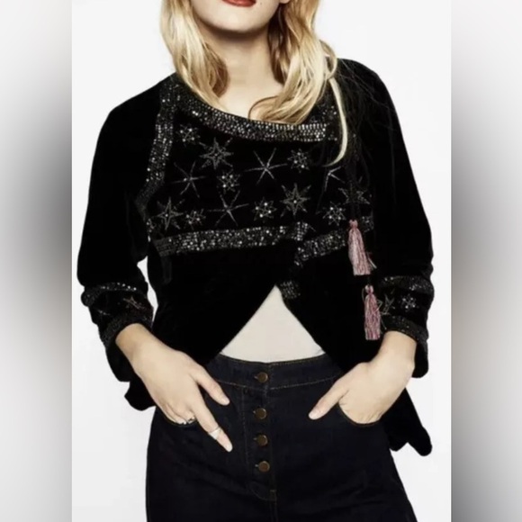 Zara Black Velvet Jacket with Sequin and Rhinestone Star Embroidery - Picture 7 of 7